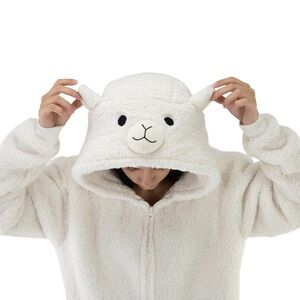 ✨ White Alpaca Plush Onesie Pajama Cozy Fleece Zip Up Cute Tail‎ ✨